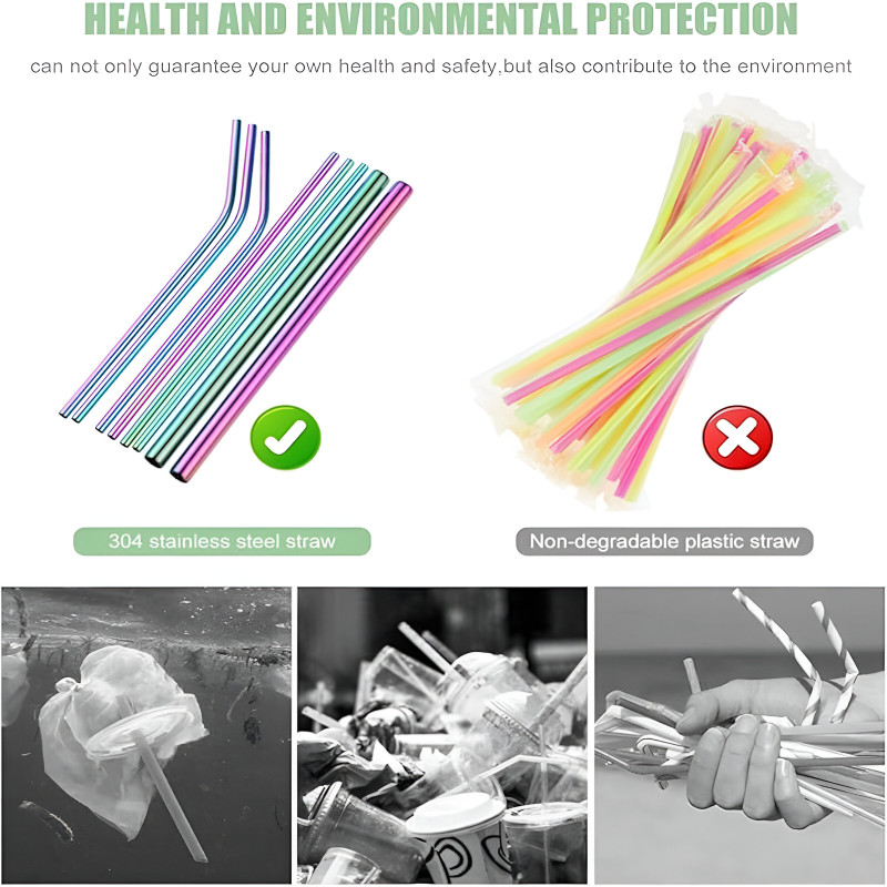 6 Pcs Stainless Steel Reusable Straws with 1 Cleaning Brush