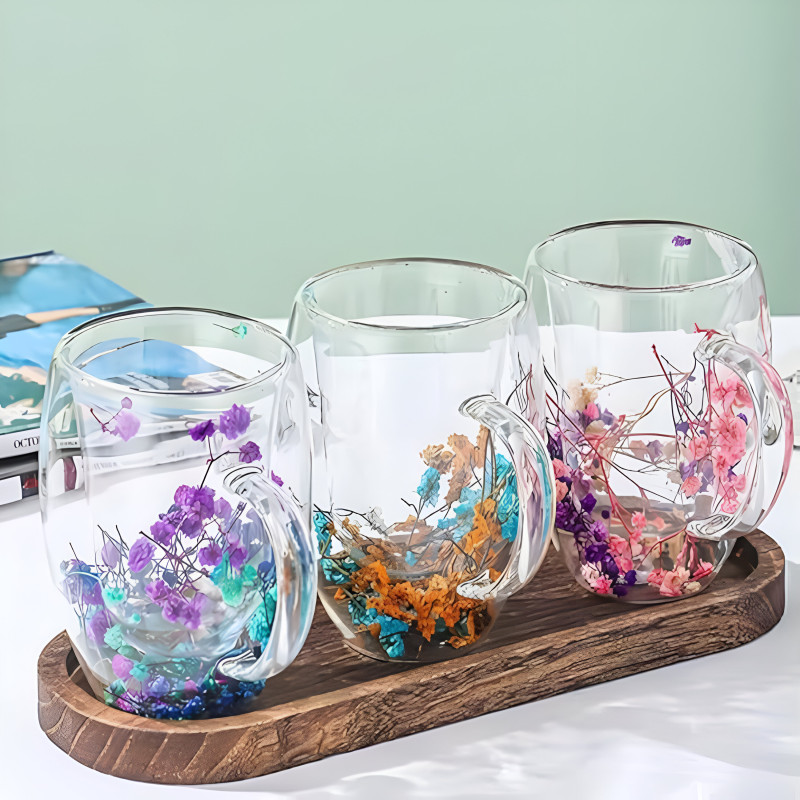 Creative Double Wall Glass Cup with Real Flowers & Conch Fillers ...