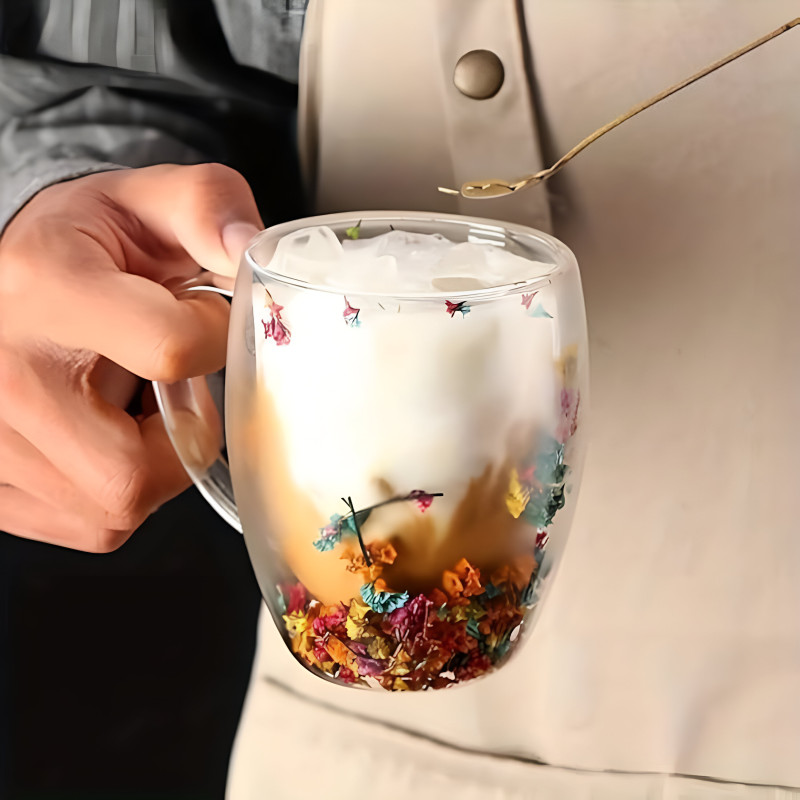 Creative Double Wall Glass Cup with Real Flowers & Conch Fillers ...