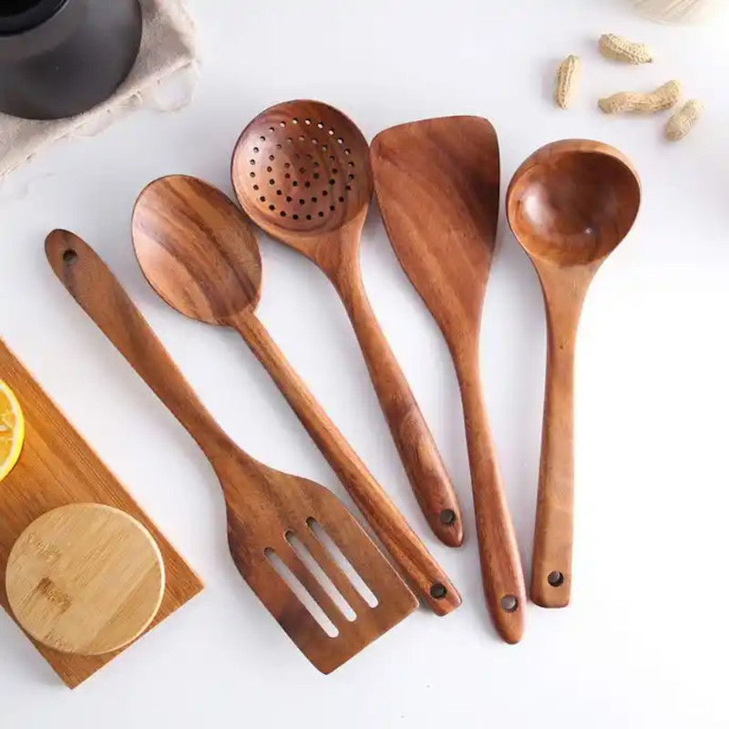 Non-Stick Kitchen Acacia Wood Cooking Tools Set – Spoon, Spatula & Teak Wood Utensils (Set of 5)