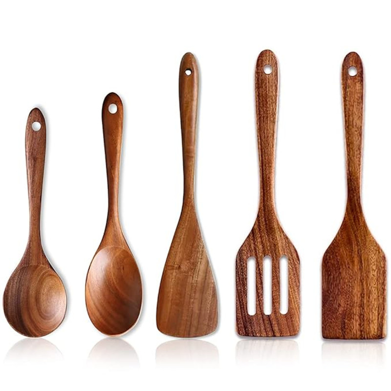Non-Stick Kitchen Acacia Wood Cooking Tools Set – Spoon, Spatula & Teak Wood Utensils (Set of 5)