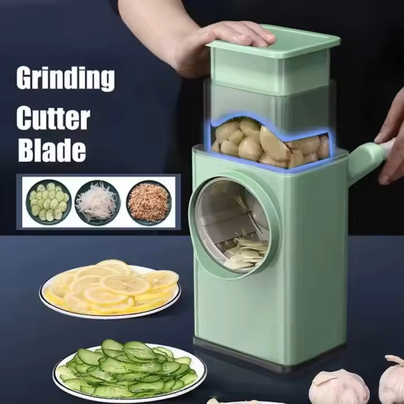Hand Rock Drum Multi-Function Vegetable Cutter with 6 Detachable Blades – Ideal for Fruits, Vegetables, Nuts, and Cheese