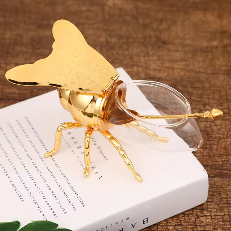 Bee Shaped Honey Jar Glass Sugar Bowl with Lid and Spoon Honey Dispenser Decorative Condiment Sugar Container