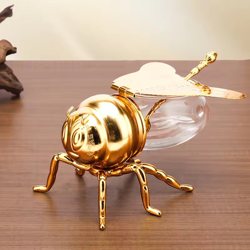 Bee Shaped Honey Jar Glass Sugar Bowl with Lid and Spoon Honey Dispenser Decorative Condiment Sugar Container