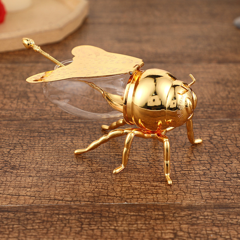 Bee Shaped Honey Jar Glass Sugar Bowl with Lid and Spoon Honey Dispenser Decorative Condiment Sugar Container