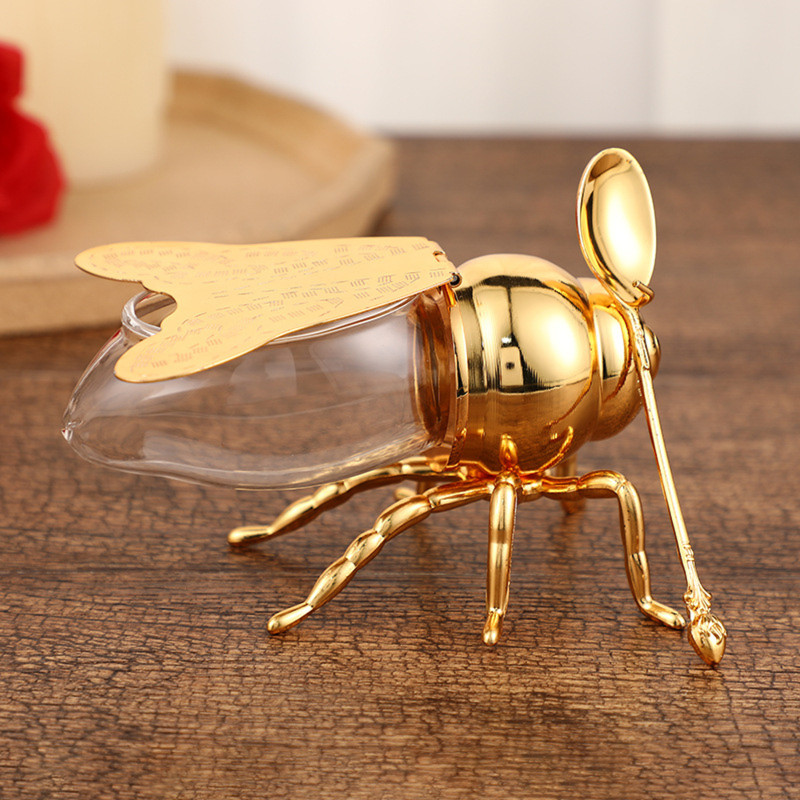 Bee Shaped Honey Jar Glass Sugar Bowl with Lid and Spoon Honey Dispenser Decorative Condiment Sugar Container