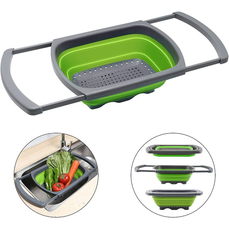Folding Telescopic Over-Sink Colander – Heavy-Duty & Extendable (Gray-Green)