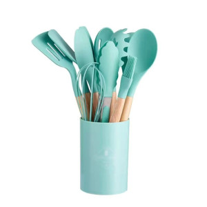 12-Piece Silicone Kitchen Cookware Set with Wooden Handles and Storage Box