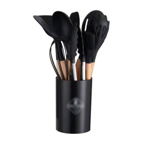 12-Piece Silicone Kitchen Cookware Set with Wooden Handles and Storage Box