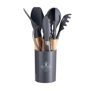 12-Piece Silicone Kitchen Cookware Set with Wooden Handles and Storage Box