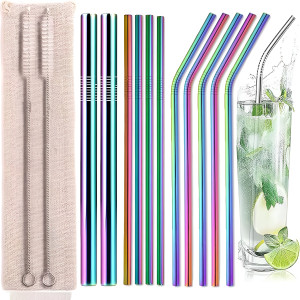 6 Pcs Stainless Steel Reusable Straws with 1 Cleaning Brush