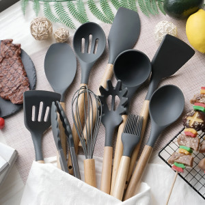 12-Piece Silicone Kitchen Cookware Set with Wooden Handles and Storage Box