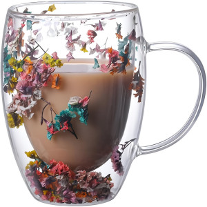 Double Wall Glass Cup with Real Flower & Conch Flash Filler (Designs Upon Availability)