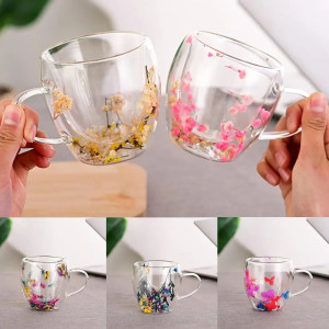 Double Wall Glass Cup with Real Flower & Conch Flash Filler (Designs Upon Availability)