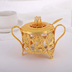 Golden Glass Sugar Bowl with Lid and Spoon