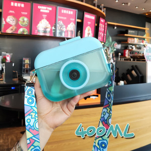 400ml Cute Camera-Shaped Water Bottle – BPA-Free with Straw & Shoulder Strap